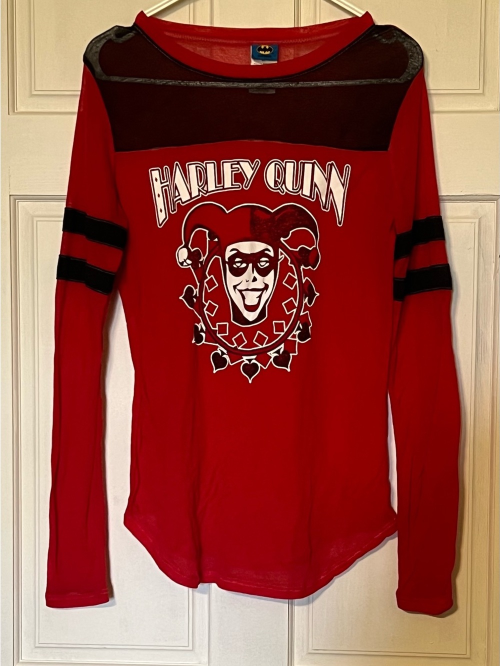 Women’s Juniors Small 3/5 Batman Harley Quinn Sheer Graphic Long Sleeve T-Shirt